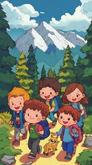 A cheerful group of children hiking in a forest with mountains in the background.