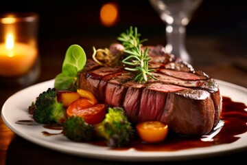 Juicy beef steak beautifully plated with colorful sides, including roasted vegetables, garnished with herbs, showcasing gourmet presentation ideal for food photography, upscale dining advertisements.