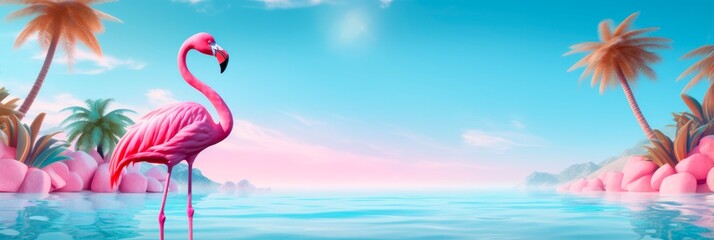 Exotic Paradise Destination: Pink Flamingo and Palm Trees on Blue Summer Background. 3D Rendering Concept for Travel and Tourism