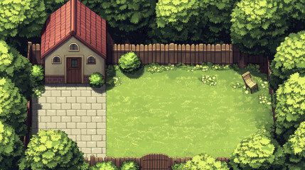 Parallax background house backyard with green trees, bushes, grass lawn and white wooden fence. Summer cottage garden landscape, patio with separated layers for 2d game animation, Vector illustration