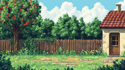 Parallax background house backyard with green trees, bushes, grass lawn and white wooden fence. Summer cottage garden landscape, patio with separated layers for 2d game animation, Vector illustration