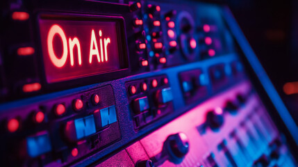 Obraz premium On Air sign icon glowing on the wooden wall of sound recording studios, live broadcast radio production room