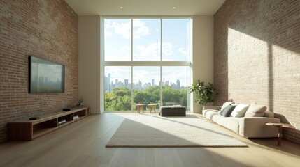 Bright and Airy Modern Living Room with Expansive Windows, Natural Light, Stylish Furnishings, Elegant Decor, and Urban Skyline View in a Contemporary Interior Space