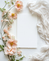 Creative flat lay composition with delicate pink flowers arranged around blank card on white background, invitation