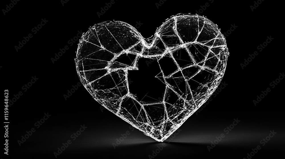 Poster a hologram of a broken heart. a broken heart of polygons, triangles of dots and lines. a broken hear