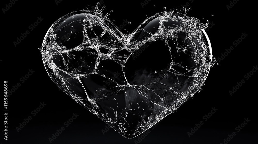 Poster a hologram of a broken heart. a broken heart of polygons, triangles of dots and lines. a broken hear