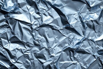 光沢のある青いアルミホイルが皺になった表面