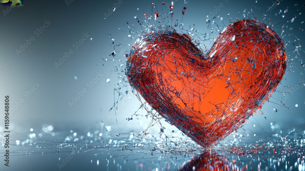 Poster a hologram of a broken heart. a broken heart of polygons, triangles of dots and lines. a broken hear