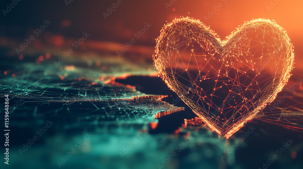 Poster a hologram of a broken heart. a broken heart of polygons, triangles of dots and lines. a broken hear