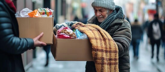 Homeless man receiving donation box with food and warm clothes in winter.