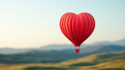 Fototapeta premium whimsical red heart shaped hot air balloon floats above green hills, evoking joy and adventure