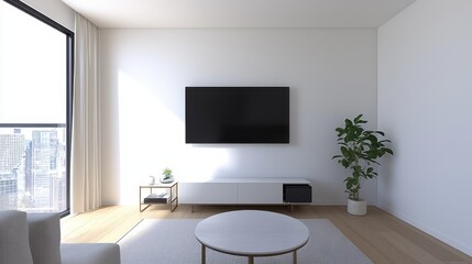 Modern and Minimalist Living Room Design with Cozy Furniture, Large TV, Potted Plant, and Bright Natural Light in Urban Apartment Setting