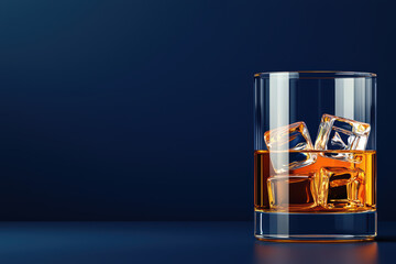 close up of whiskey glass filled with golden liquid and ice cubes, set against dark background, evokes sense of sophistication and relaxation