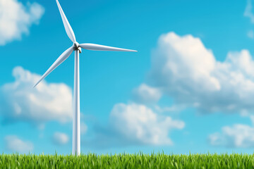 Fototapeta premium close up of wind turbine standing tall against bright blue sky, surrounded by lush green grass and fluffy clouds, symbolizes renewable energy