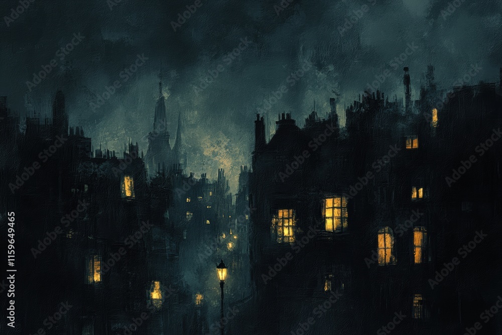 Aufkleber Mysterious night in dark cityscape with faintly illuminated windows and an atmosphere of intrigue. Generative AI