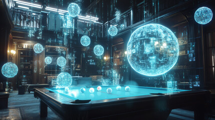 Billiards hologram. Digital and technological background of the game of Billiards. Futuristic design of pool