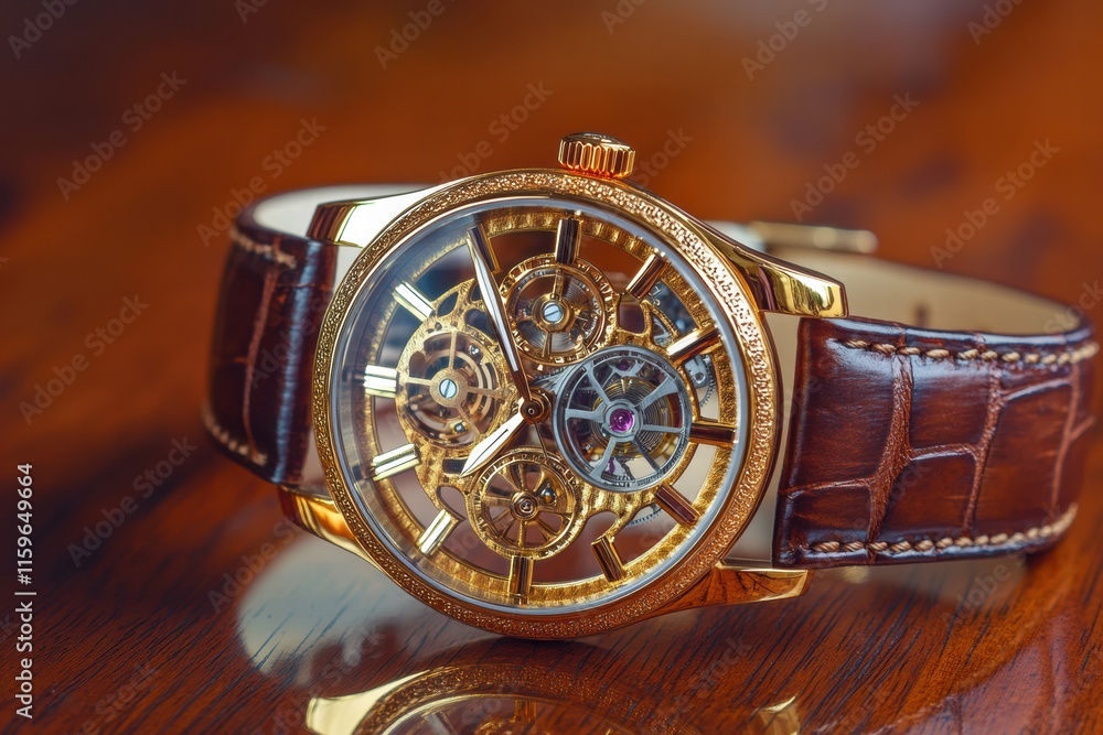 Poster luxury wristwatch with golden frame and intricate design on brown leather strap displayed on wooden 