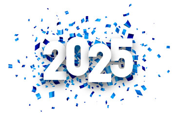 Festive 2025 New Year design with bold typography and a burst of blue confetti. Vector illustration for celebrations.