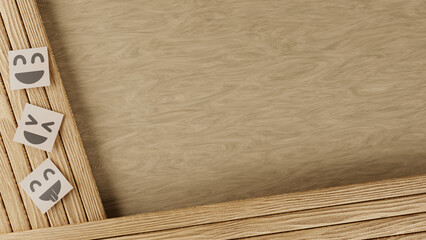 Sticky notes with drawings of funny happy faces, on wooden background, 3d illustration