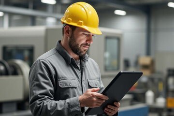 Waist up portrait of bearded man wearing hardhat and using digital tablet while supervising production in factory workshop, copy space