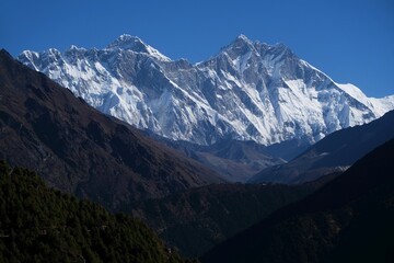 Panorama with Mount Everest and Lhotse  around Lobuche during Everest Base Camp trek. Himalayas,...