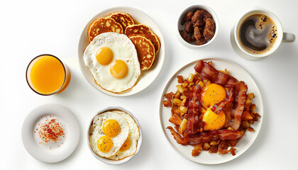 Full american breakfast on white, top view, copy space. Sunny side fried eggs, fried bacon, hash browns, pancakes, toast, orange juice and coffee for breakfast