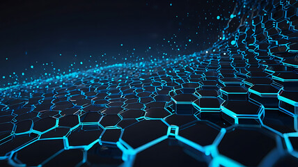 Naklejka premium Network connection concept blue vector illustration. Futuristic hexagon perspective wide angle landscape. Futuristic honeycomb concept. Big data digital background.