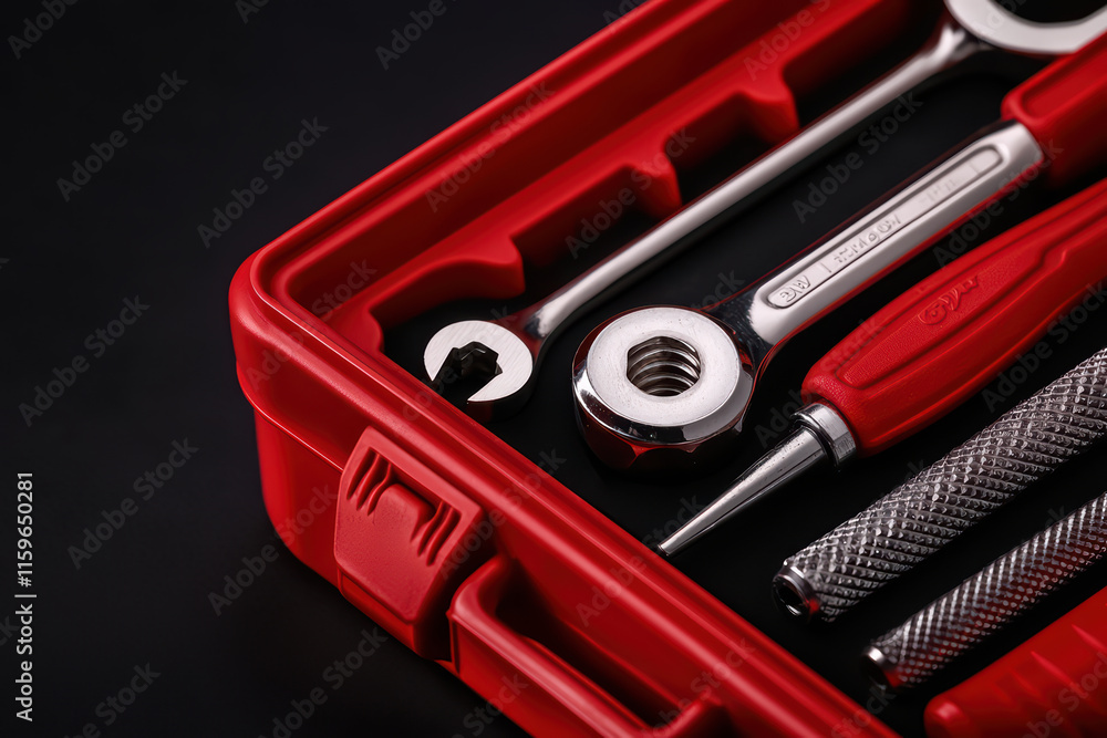 Poster close up of red toolbox filled with various tools, showcasing wrenches and screwdrivers. perfect for