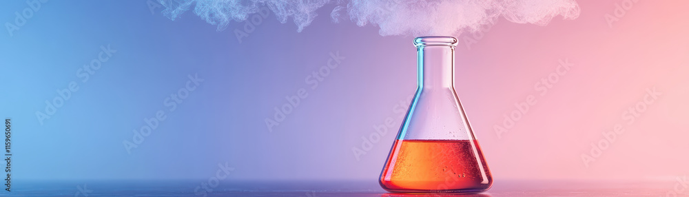 Poster close up of flask with vibrant red liquid and vapor escaping, creating captivating scientific atmosp