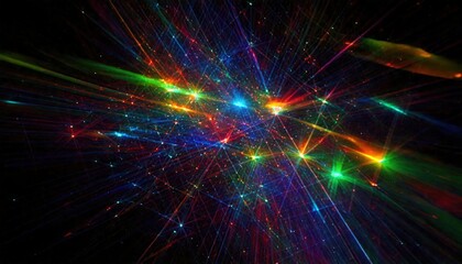 黒い背景の上で、虹色の光が交差し、まるで動いているかのような幻想的で夢のような世界を描き出している。








