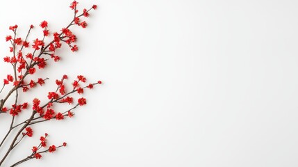 Delicate Red Blossom Branches on a Minimalist White Background Perfect for Spring Themes, Decor, and Nature-Inspired Designs
