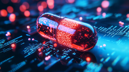 Hologram medications. Holographic projection of the drug. Flickering energy flux of particles. The scientific design of the tablet.