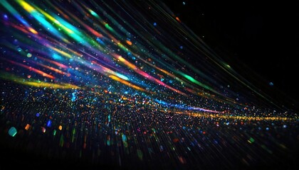 黒い背景の上で、虹色の光が交差し、まるで動いているかのような幻想的で夢のような世界を描き出している。








