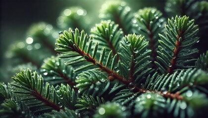 Macro shot of pine needles with tiny water droplets