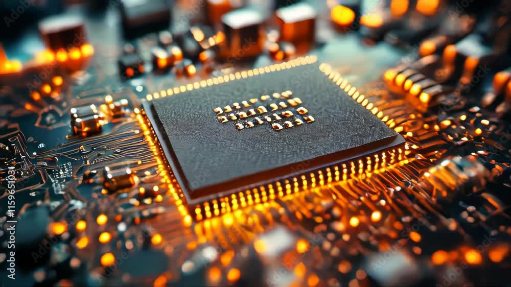 Poster close-up view of a glowing computer chip on a detailed circuit board, showcasing advanced technology