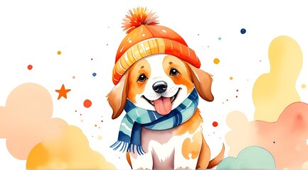 Naklejka premium Adorable puppy in orange hat and scarf with colorful background