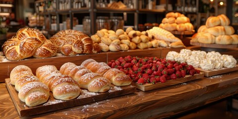 Fototapeta premium A beautiful and enticing bakery display featuring an assorted collection of freshly baked bread, rolls, arranged with vibrant red strawberries and neatly stacked croissants