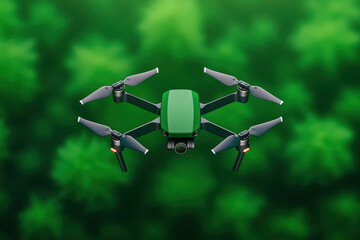 green drone flying over lush foliage, showcasing advanced technology and nature