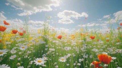 Sunny Meadow Abundant With Daisies And Poppies