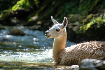 Obraz premium Llama by a clear stream in lush natural setting medium shot emphasises sleek textures and serene atmosphere