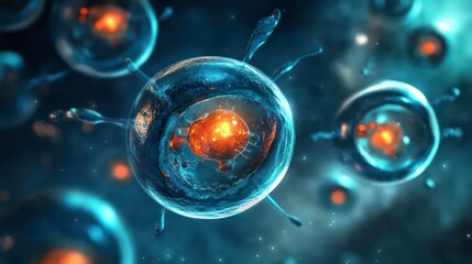 Microscopic view of glowing cells with vibrant internal structures, intricate details, and dark background.