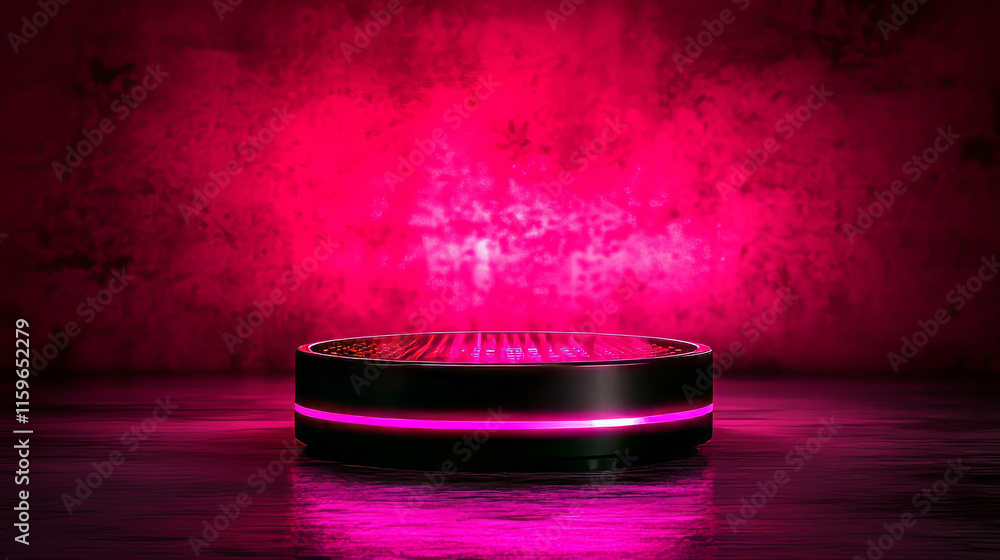 Poster 3d pink neon light podium bg. glow game platform with digital led effect. futuristic hologram abstra