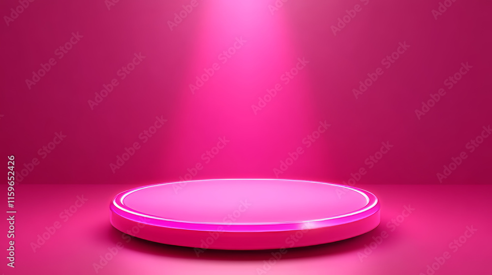 Poster 3d pink neon light podium bg. glow game platform with digital led effect. futuristic hologram abstra