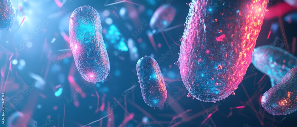 Poster microscopic view of vibrant bacteria cells floating in a dark blue background with glowing particles