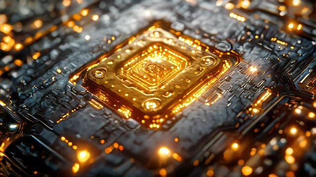 A close-up of a glowing golden Bitcoin on an intricate background, representing the concept of cryptocurrency and digital assets