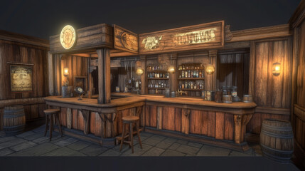 Western saloon bar wooden interior cartoon. Old tavern illustration with isolated saddle, chair and counter. Retro pub design collection for desert Texas game. Water basin and plant asset kit