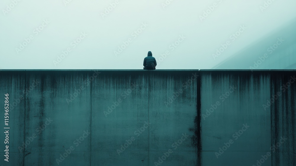 Aufkleber Lonely figure sitting on the edge of a foggy bridge reflecting on solitude and isolation in a tranquil setting. Generative AI