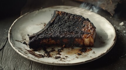 Burnt Steak on Rustic Plate Charred, Crispy, Overcooked, Smoky, Delicious