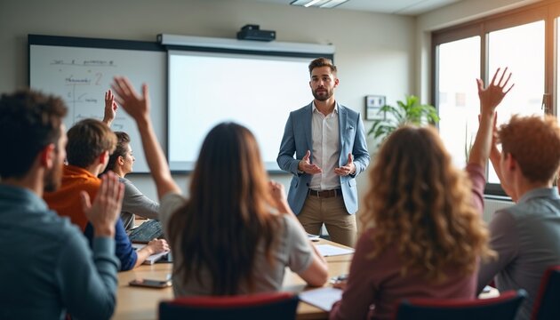 Confident teacher leading an interactive class discussion in a modern high school classroom with engaged students raising hands