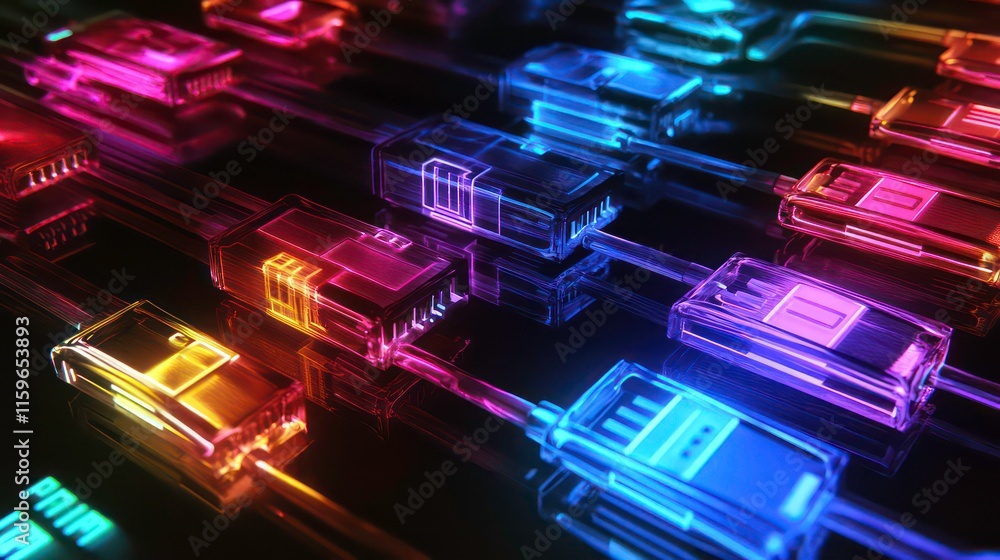 Aufkleber abstract network cables with vibrant neon glow, showcasing connections and data flow.